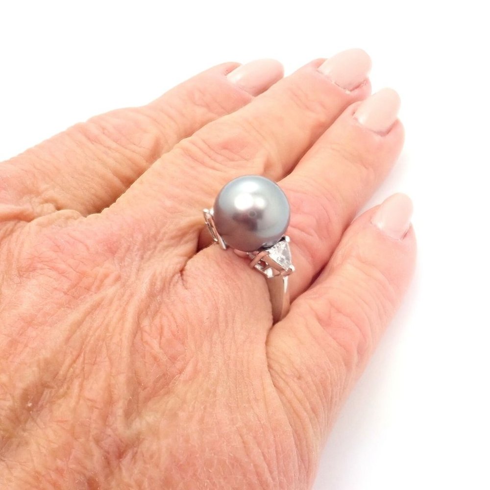 Rare! Mikimoto Platinum .5ctw Diamond 12mm Tahitian South Sea Pearl Heart Ring - Picture 5 of 10